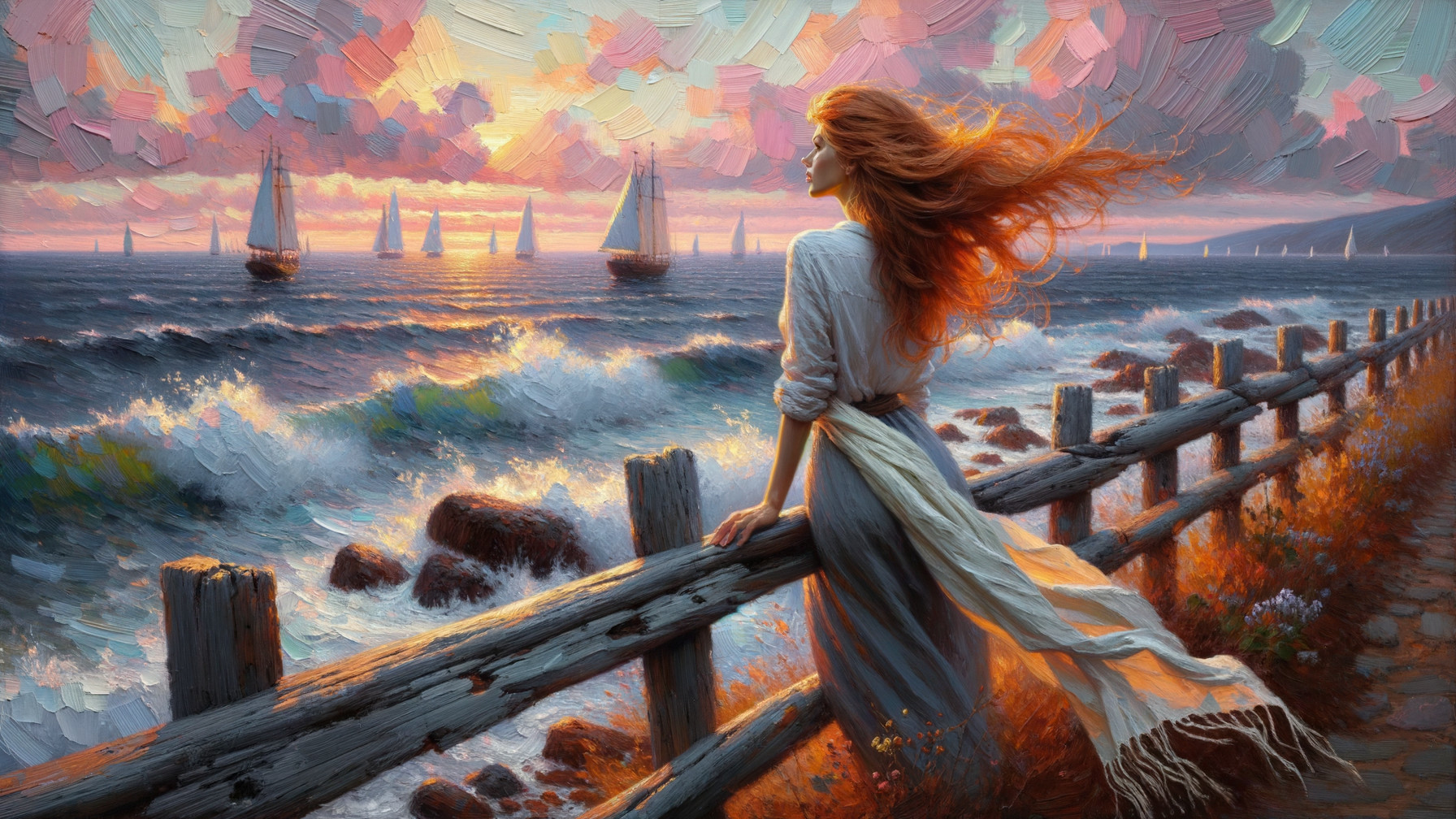 Serene Coastal Sunset with Woman and Sailboats