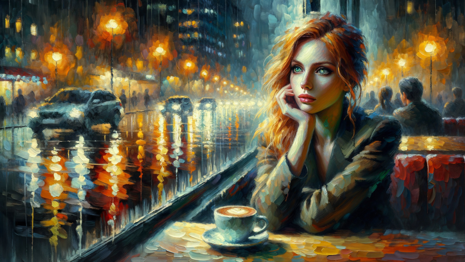Contemplative Woman at Café Window in Rainy City