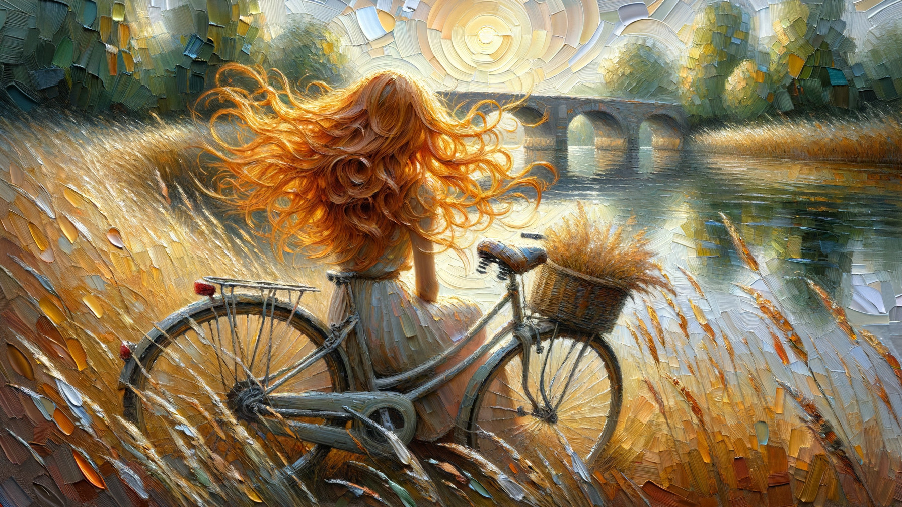 Serene riverside scene with woman on bicycle