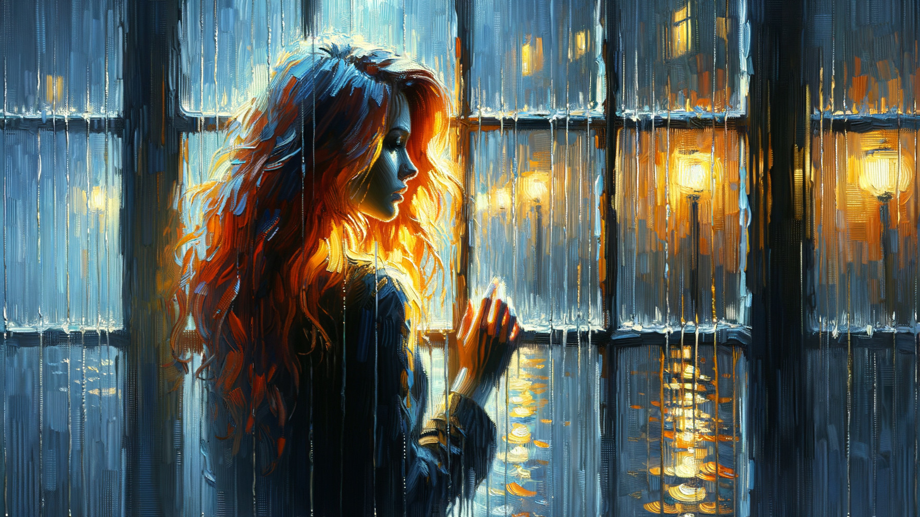 Woman with curly hair by window in rainy night scene