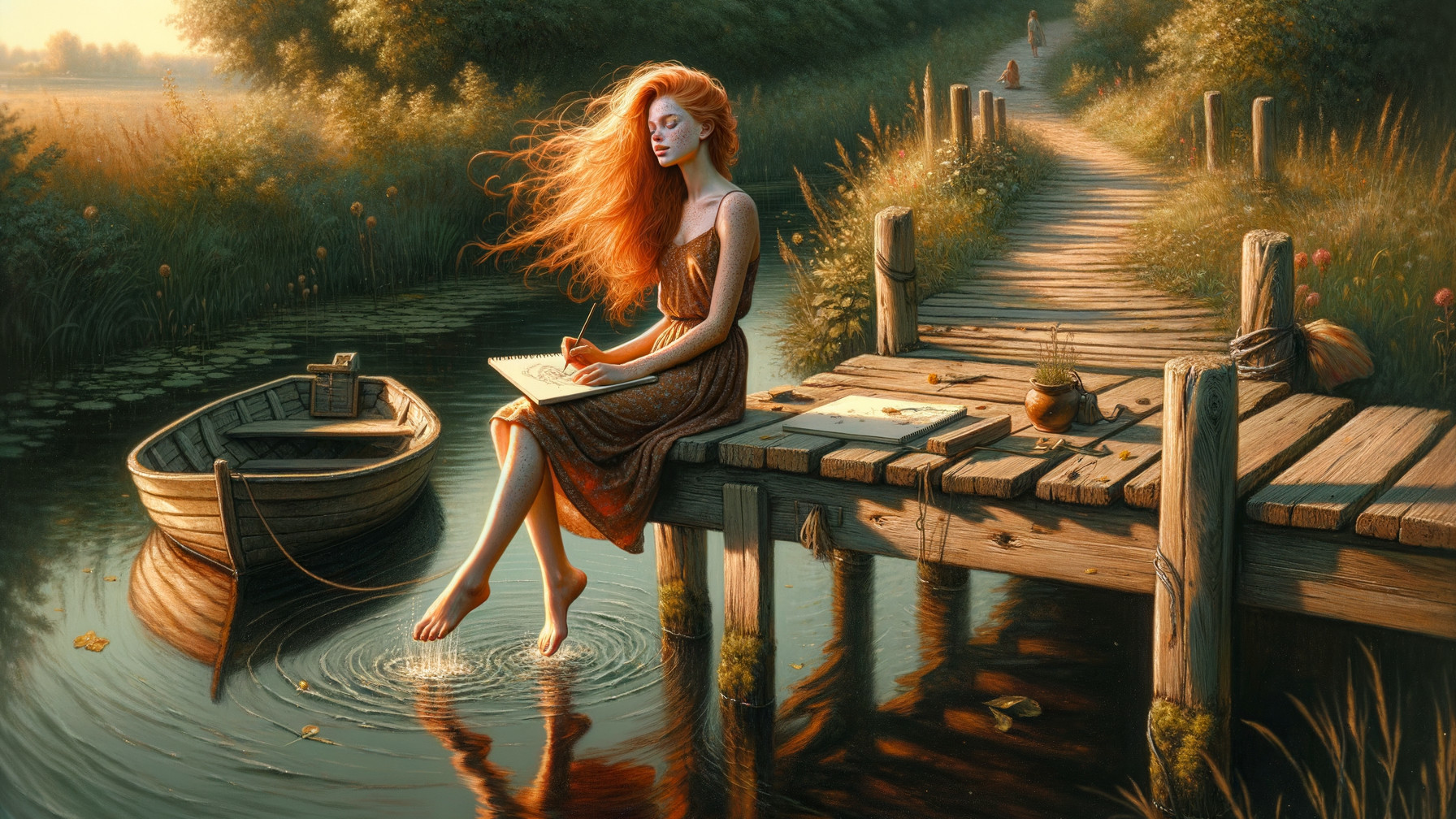 Young Woman Writing on Dock by Calm River