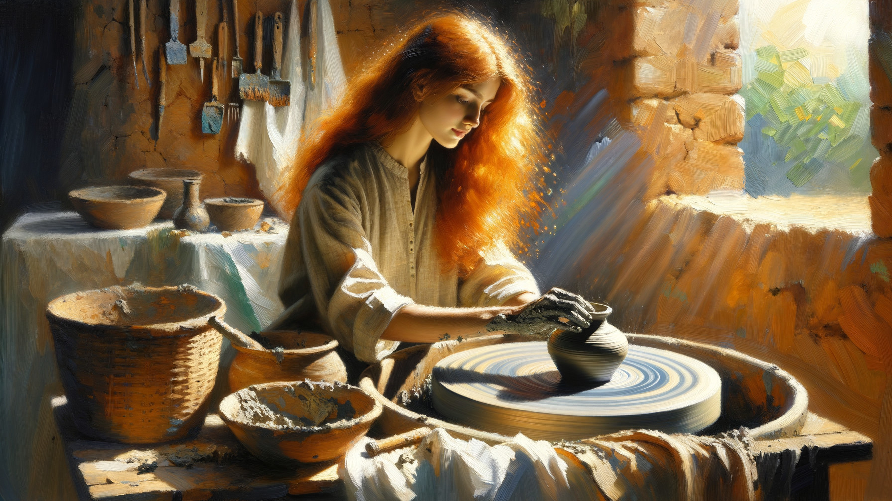 Young woman shaping pottery in sunlit studio