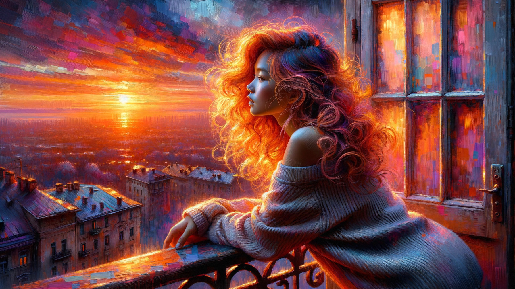 Young Woman Enjoys Sunset Over Cityscape