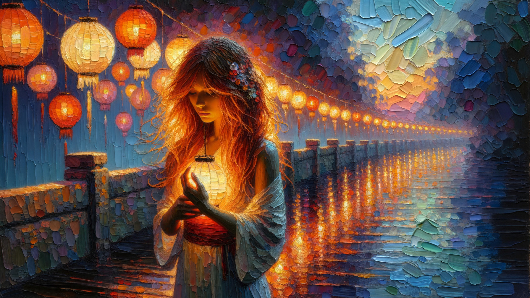 Twilight Scene with Woman and Lantern by Waterway