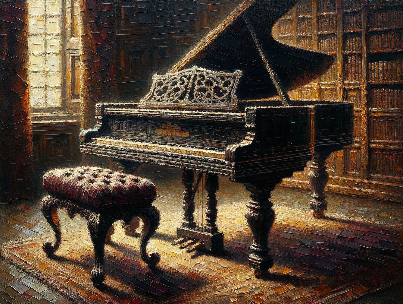 Intricately Designed Grand Piano in Warmly Lit Room