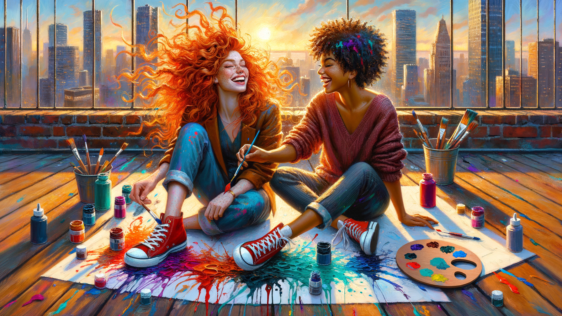 Joyful Young Women in Colorful Urban Loft Setting