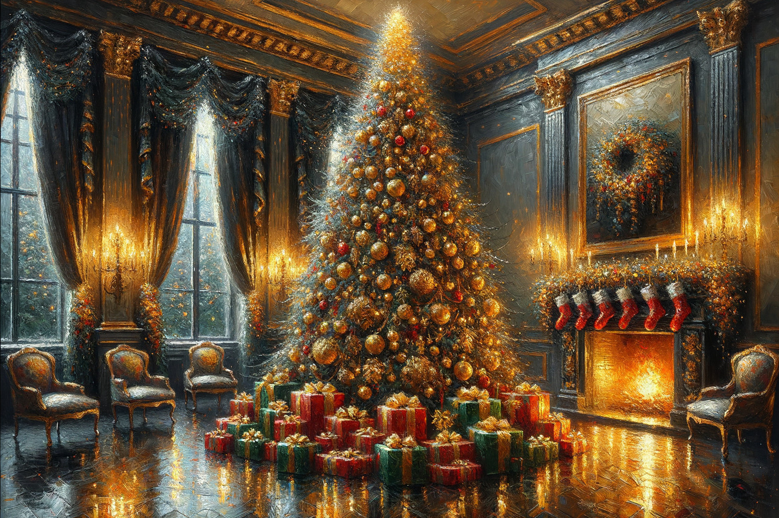Luxurious Christmas Room with Decorated Tree and Gifts