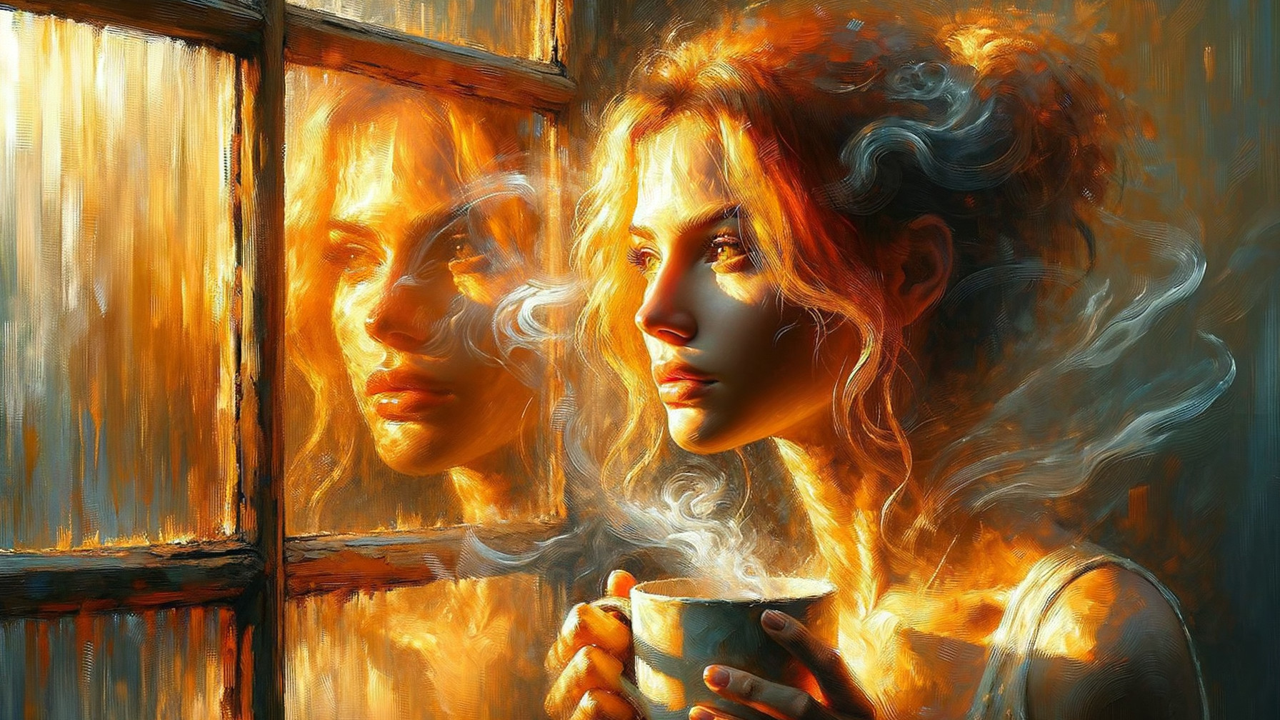 Woman in warm hues gazing out a foggy window