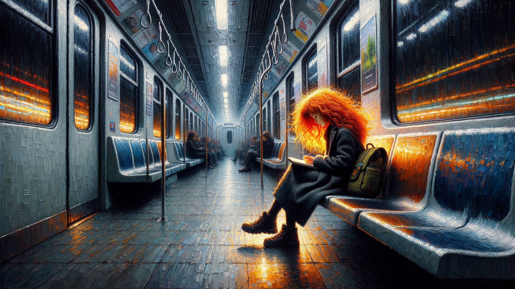 Young Girl with Red Curls Writing in Subway Car
