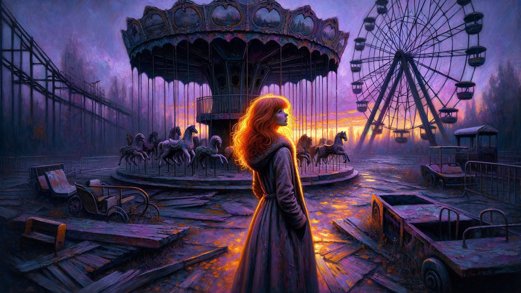 Twilight Scene of a Woman at an Abandoned Amusement Park