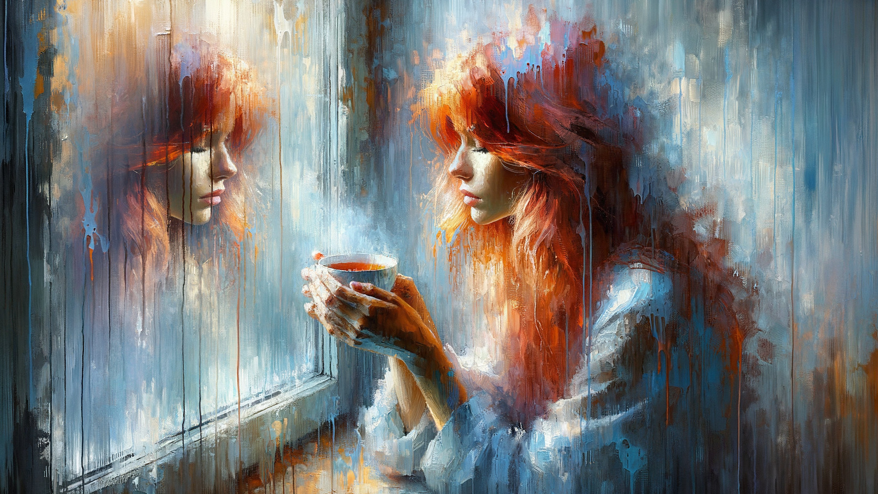 Woman with Red Hair Contemplating by Rainy Window