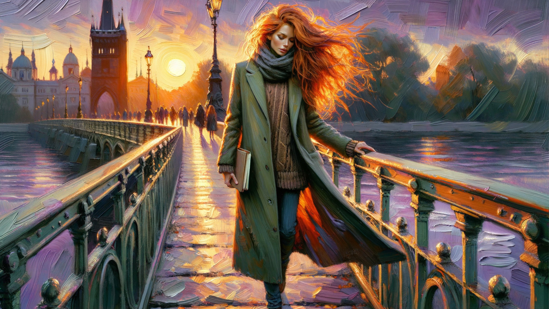 Young Woman on Bridge at Sunset with Book
