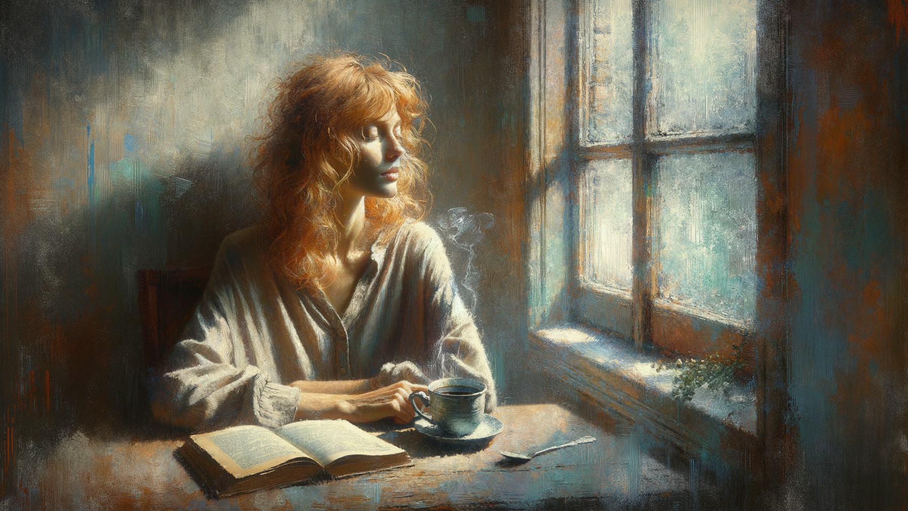 Woman with Red Hair in Serene Window Scene