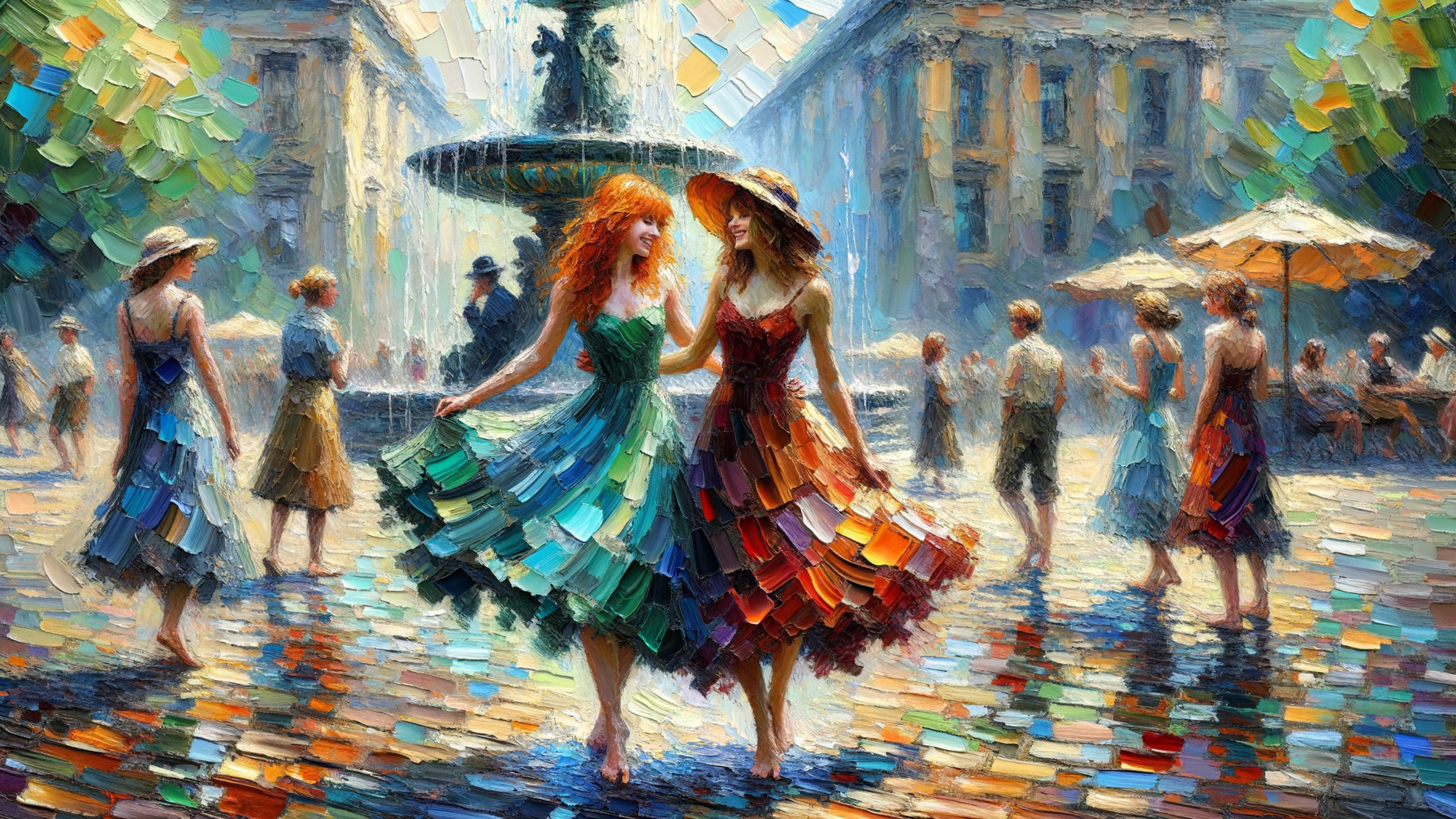 Impressionistic Scene of Women by a Fountain in Park