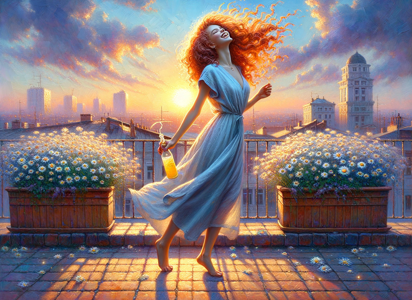 Joyful woman in blue dress twirls on sunset balcony