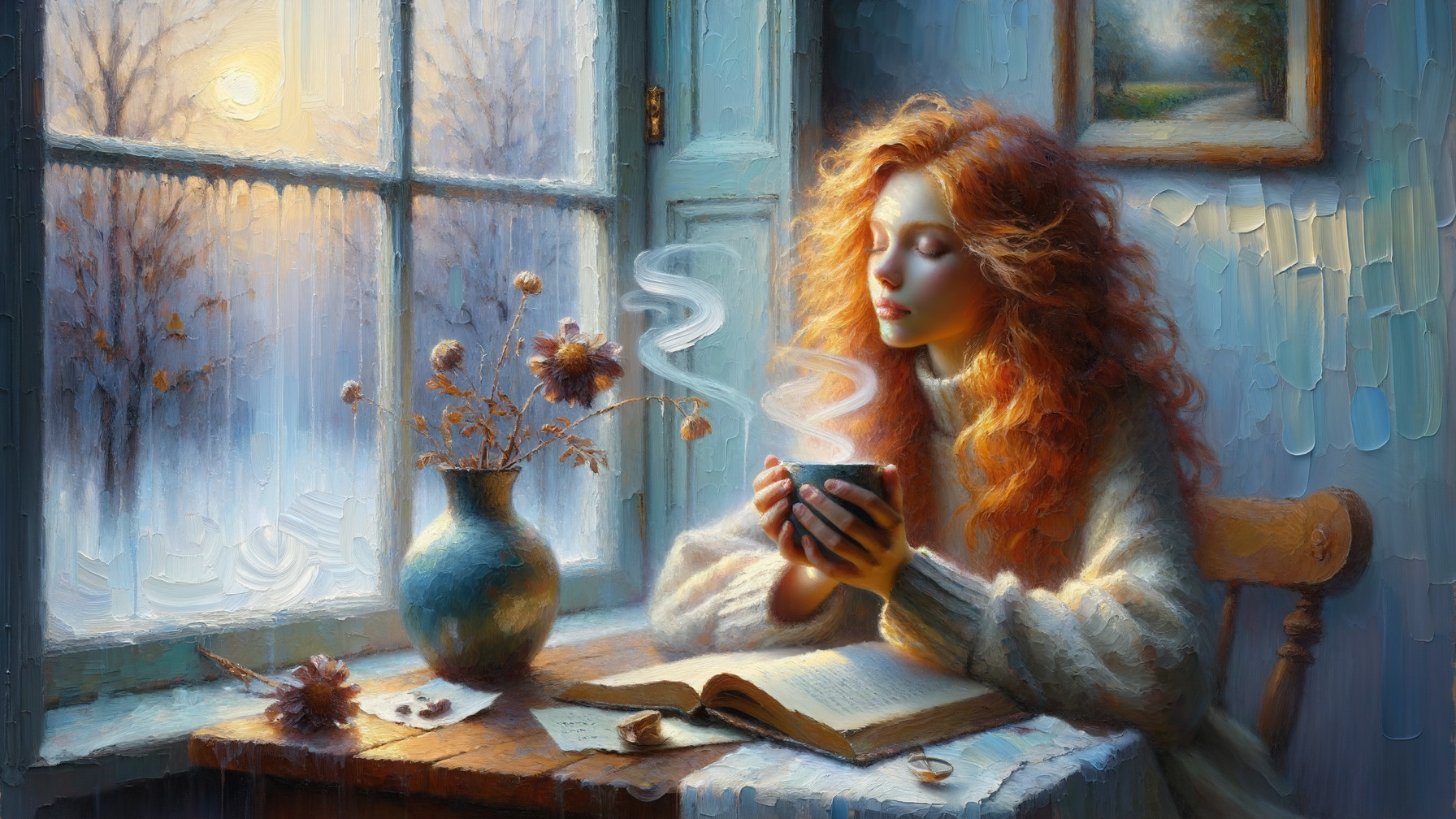 Young Woman with Red Hair by Window in Winter Scene