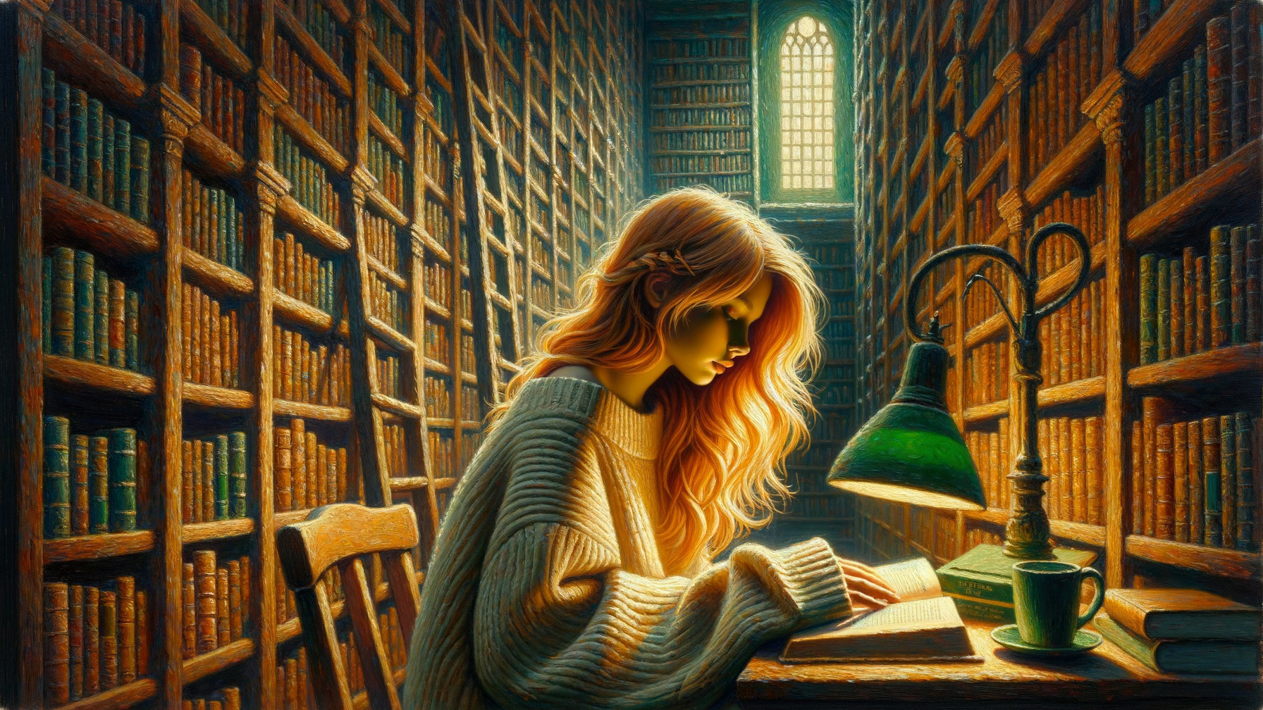 Young Woman Reading in a Dimly Lit Library