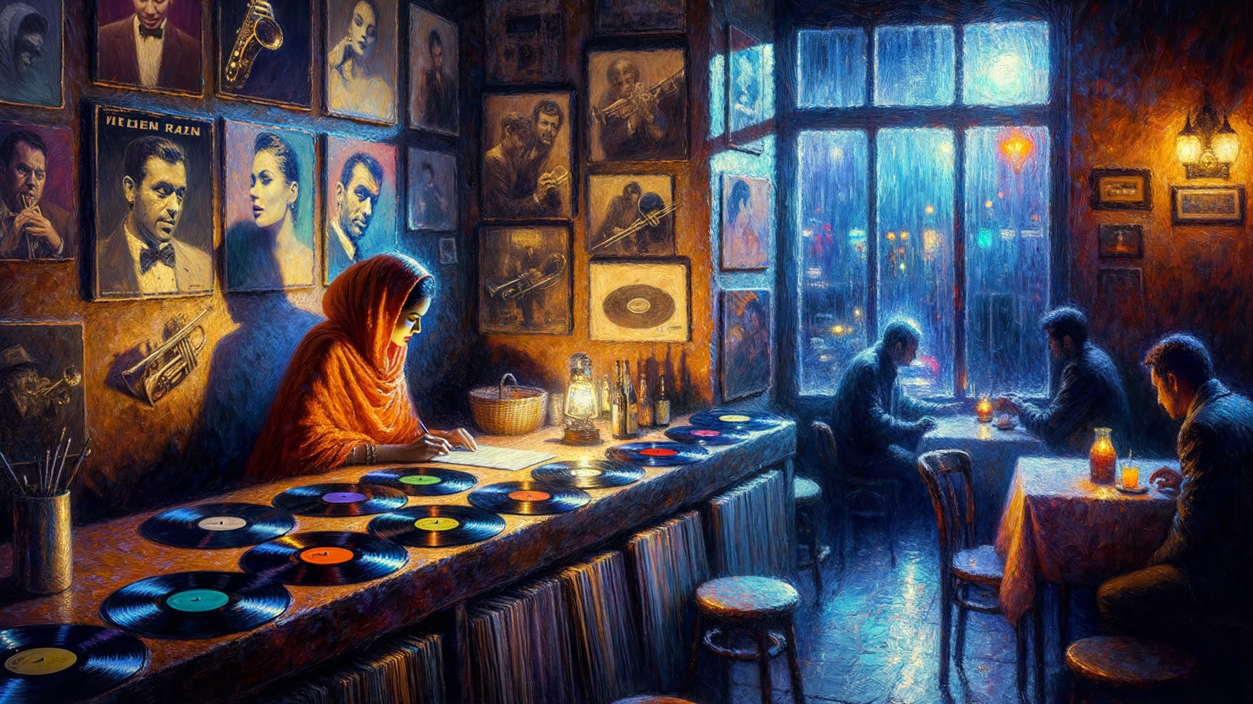 Cozy Jazz Bar with Music Sheets and Vinyl Records