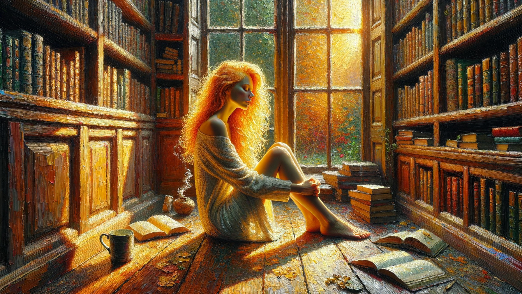 Cozy library scene with a thoughtful young woman
