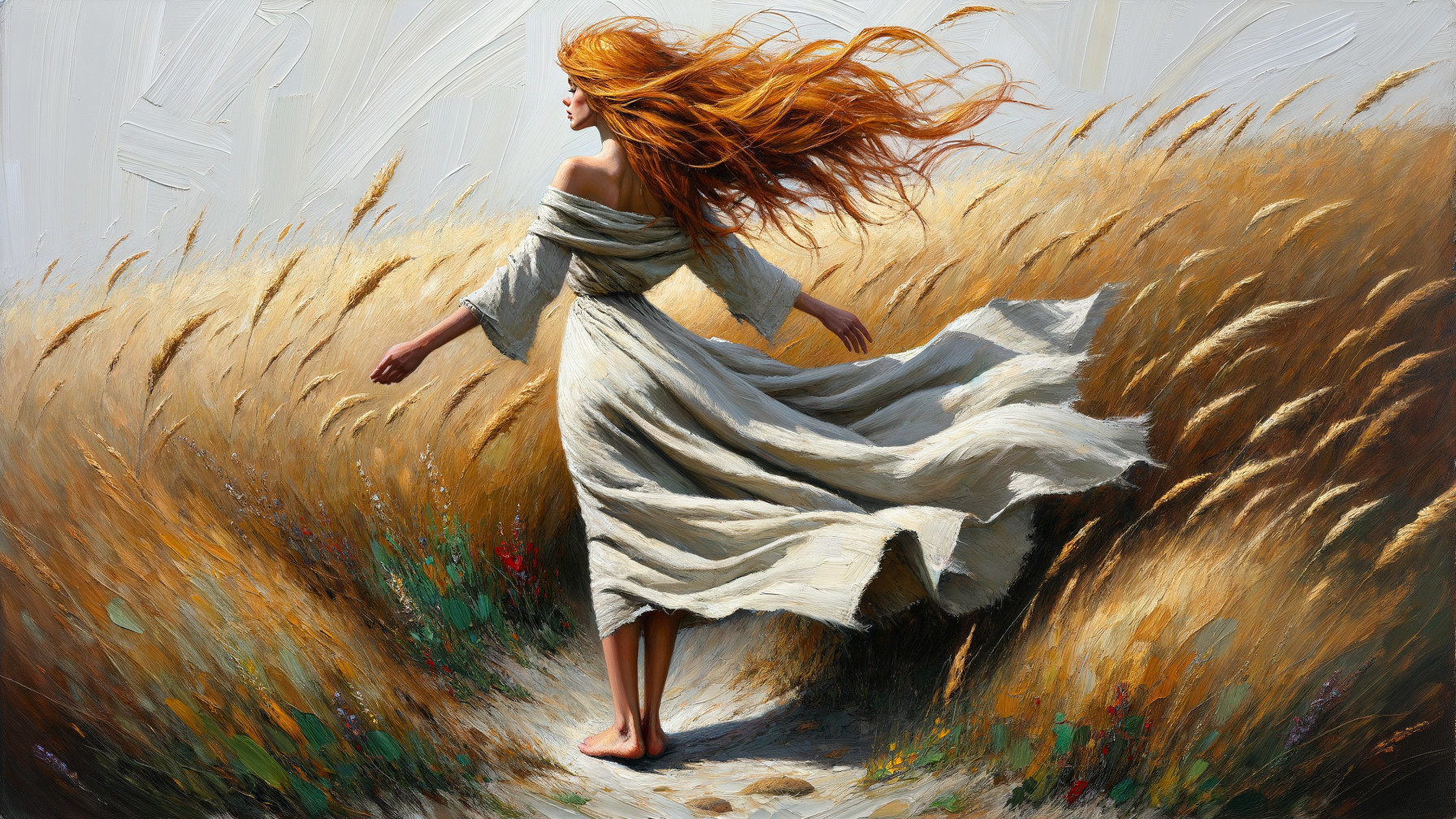 Woman in white gown twirling in sunlit golden field