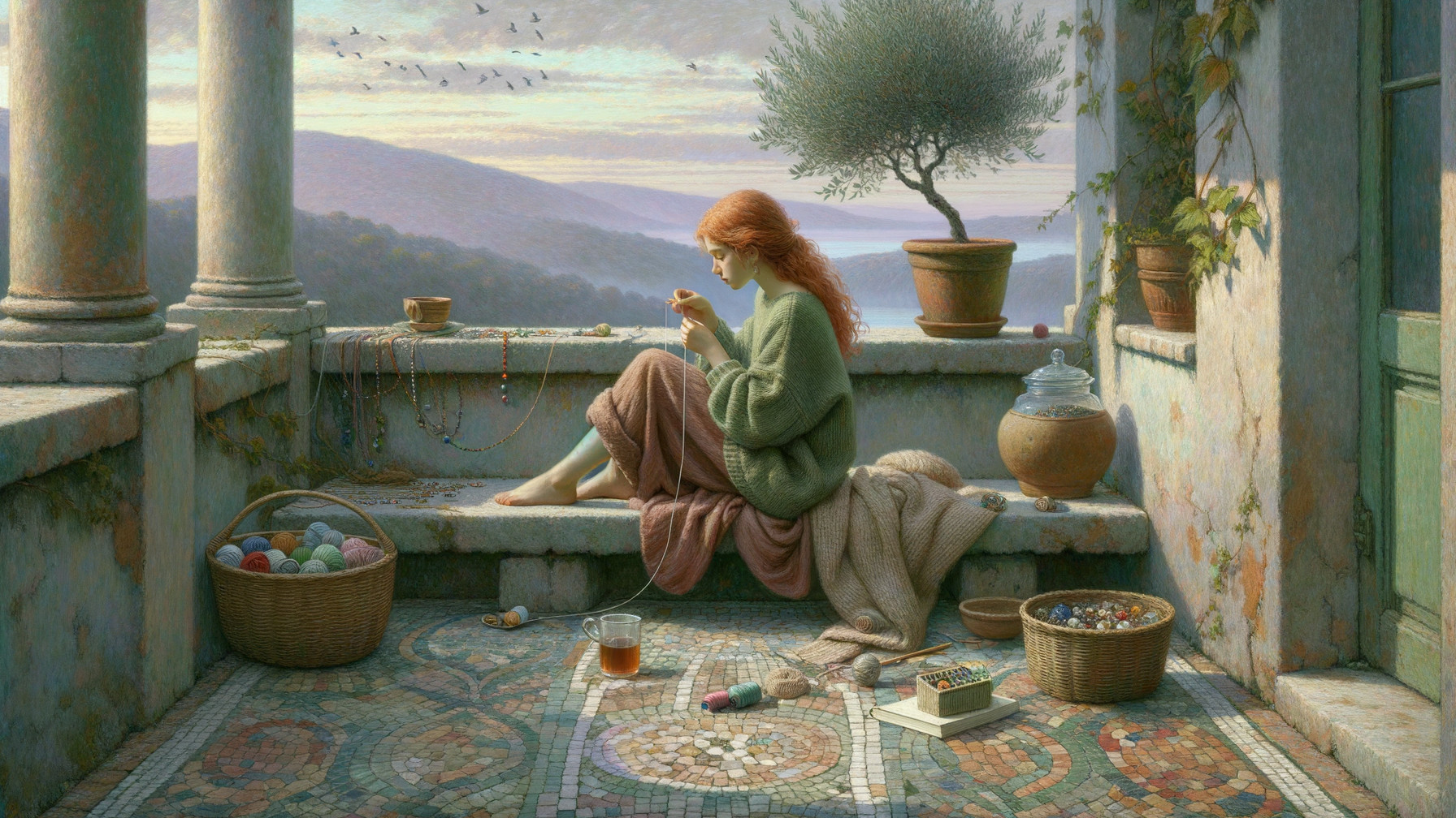 Woman Crafting with Yarn in Serene Natural Setting