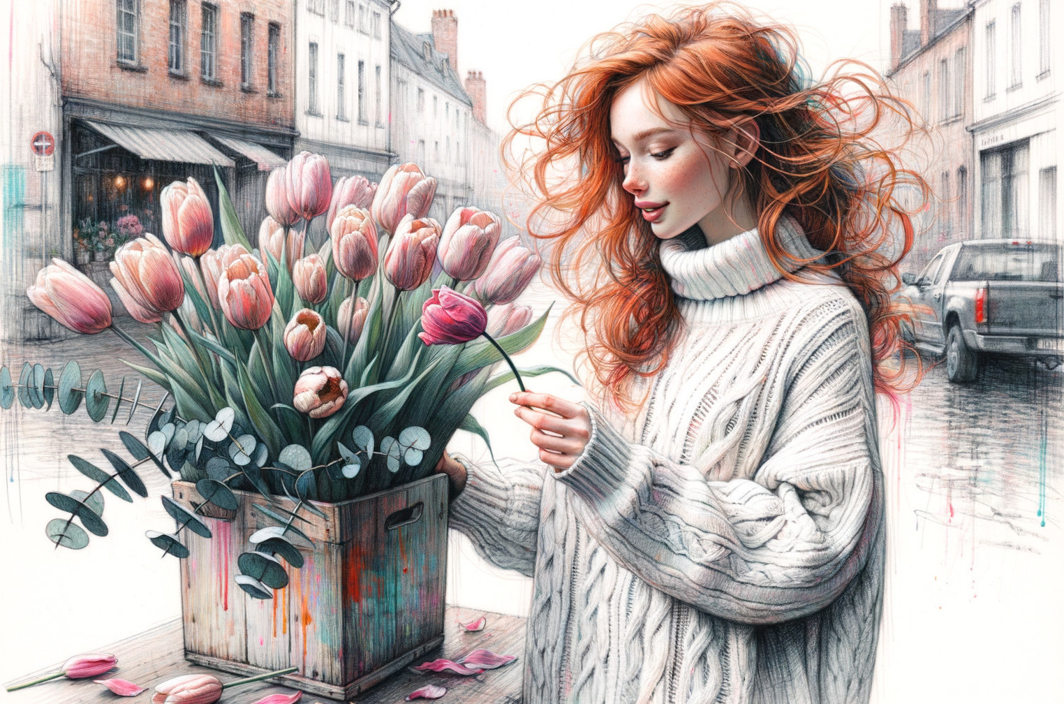 Woman with Red Hair in Charming Street Scene