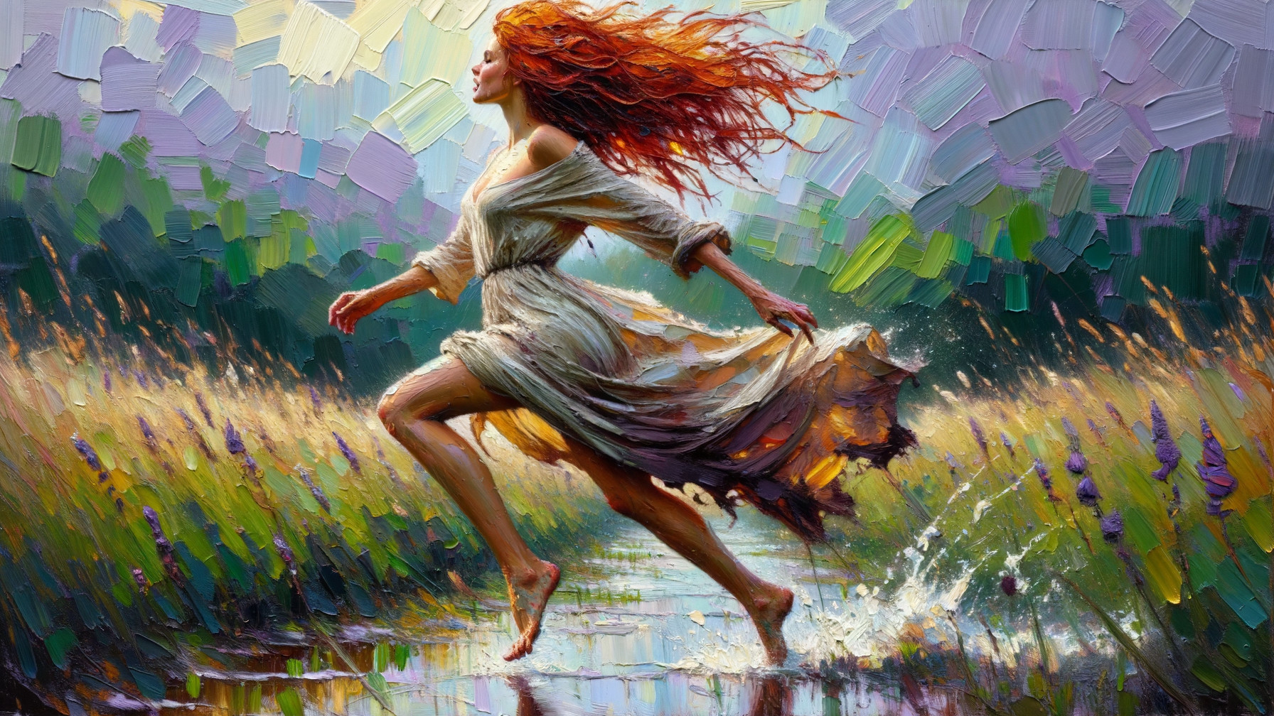 Woman in white dress running through a vibrant stream