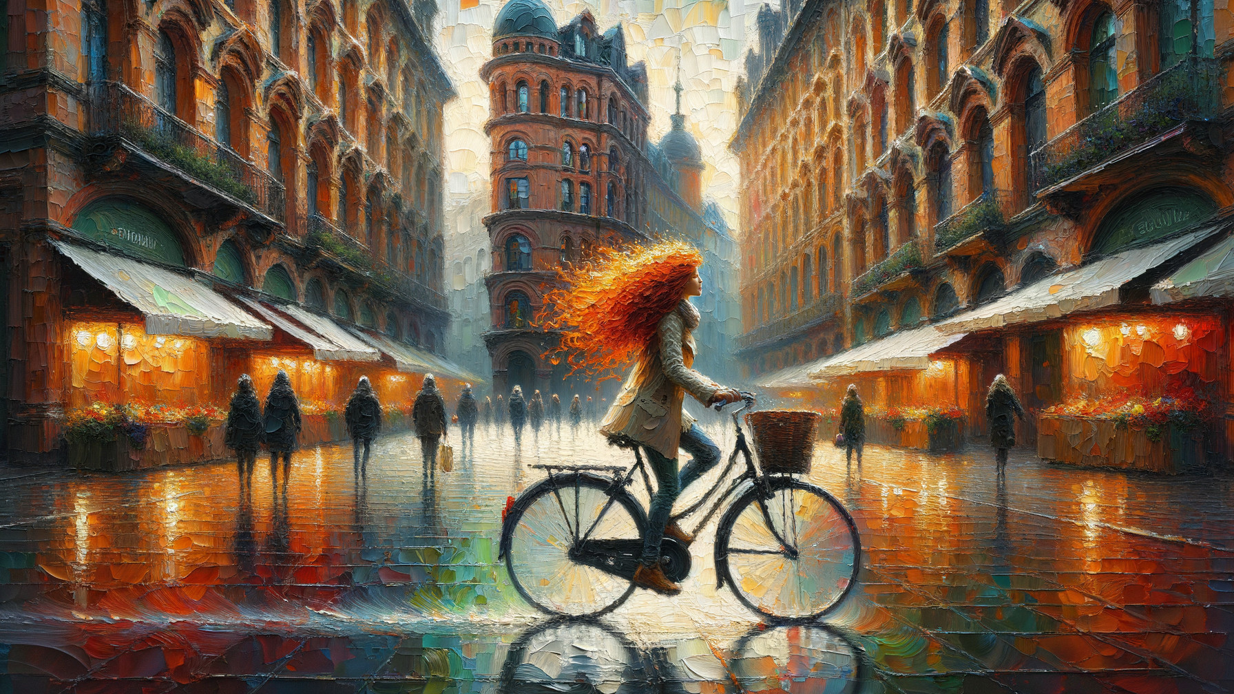 Impressionist Cityscape with Woman on Bicycle