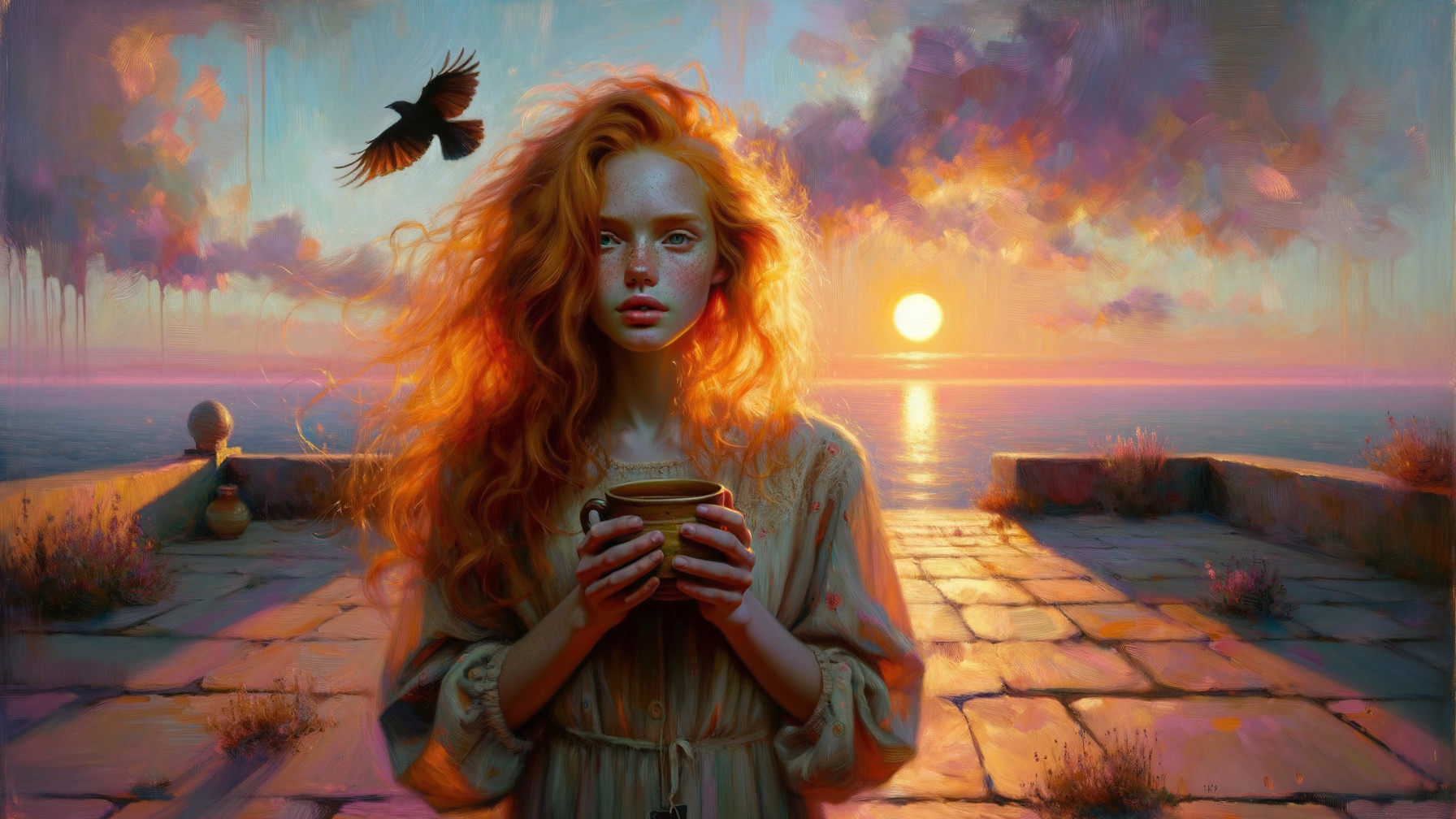 Young Woman on Terrace at Sunset by the Sea
