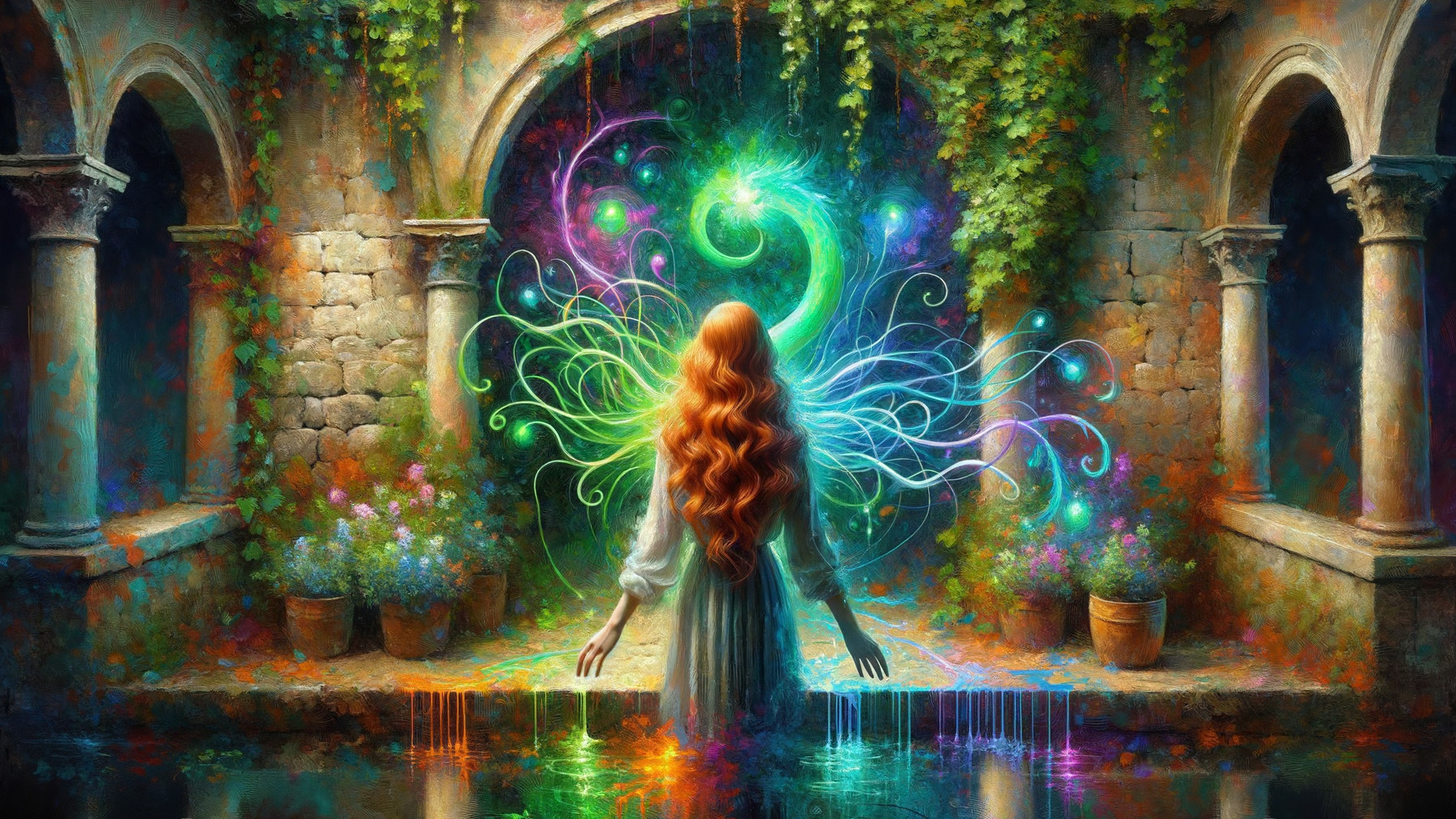 Mystical Garden Scene with Flowing Hair and Fountain