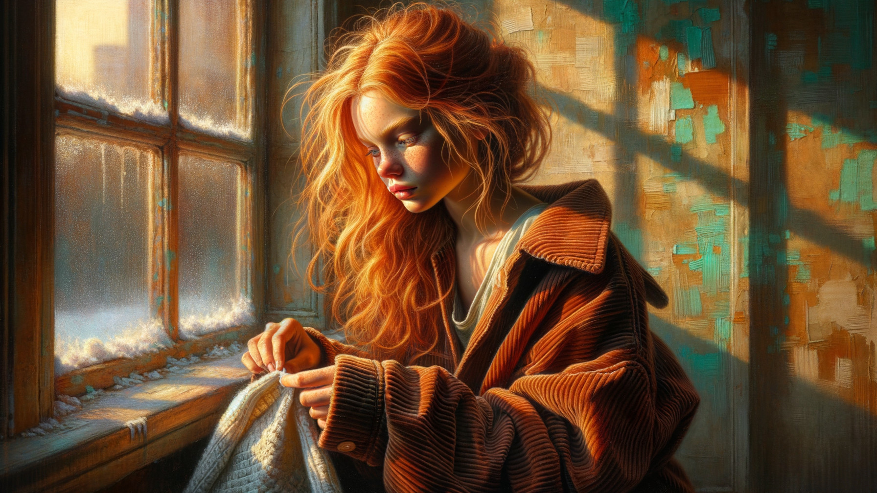 Young woman with red hair knitting by a window