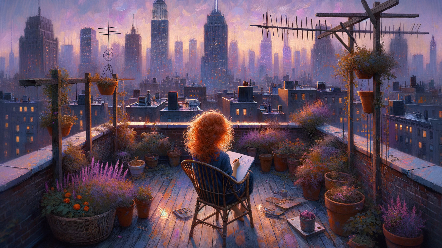 Young Woman with Red Curls in Rooftop Garden at Twilight