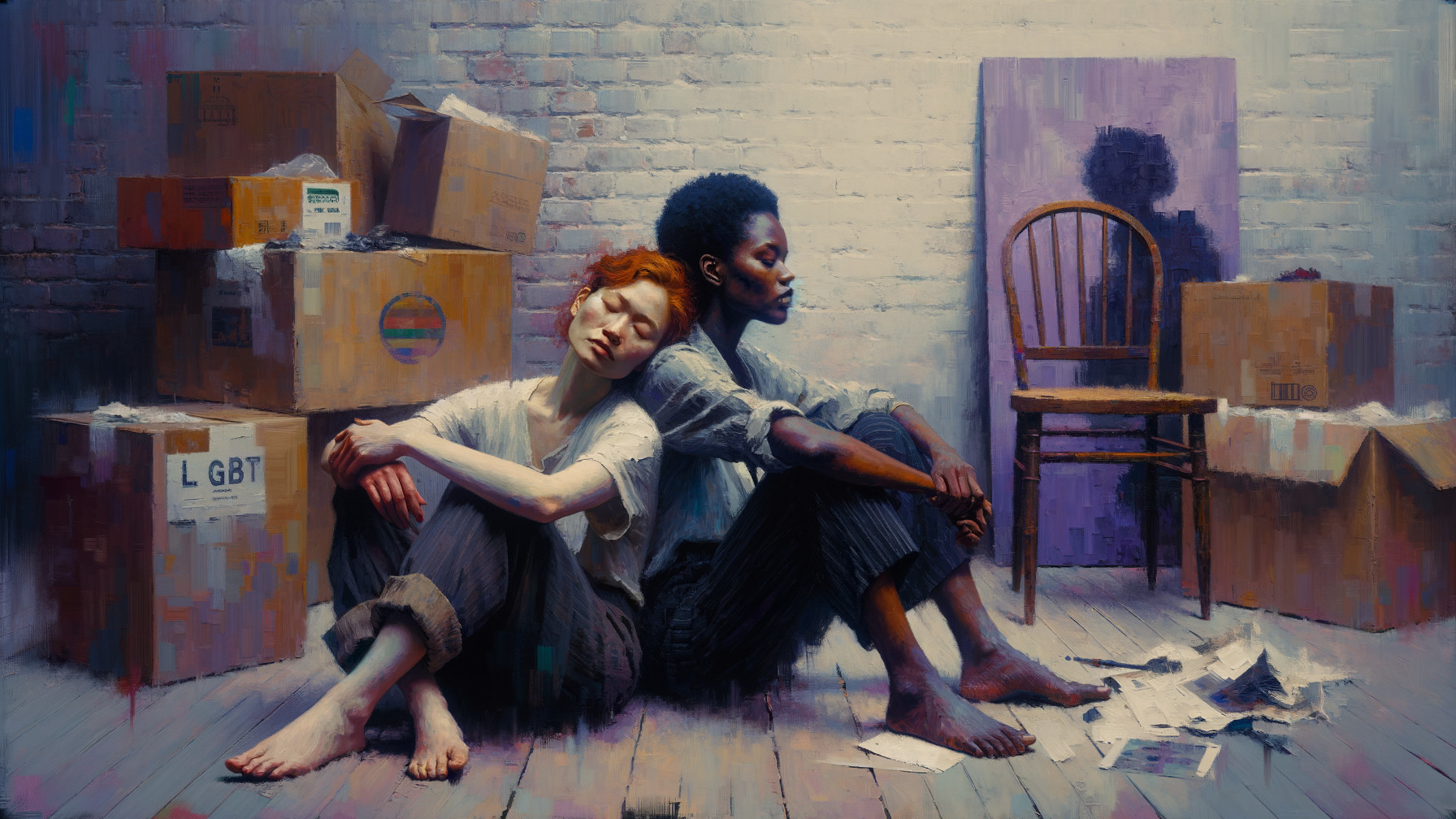 Oil Painting of Two Women Sitting Back-to-Back