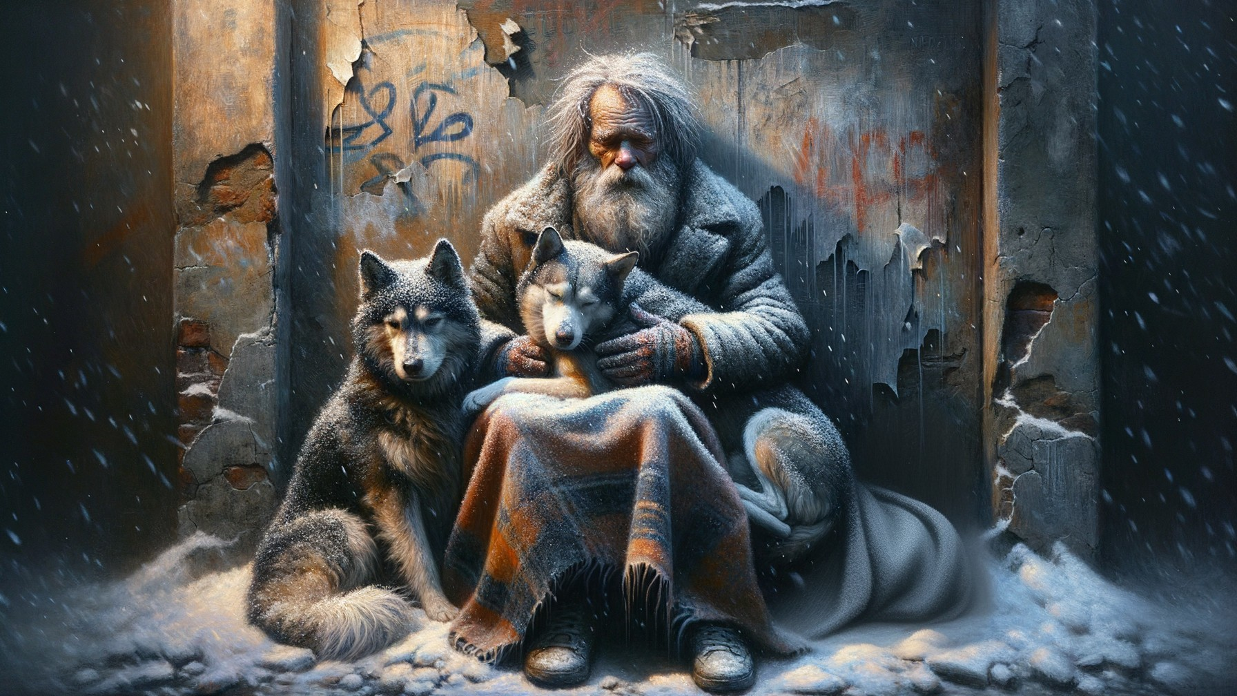 Elderly Man with Wolf Pup in Snowy Landscape