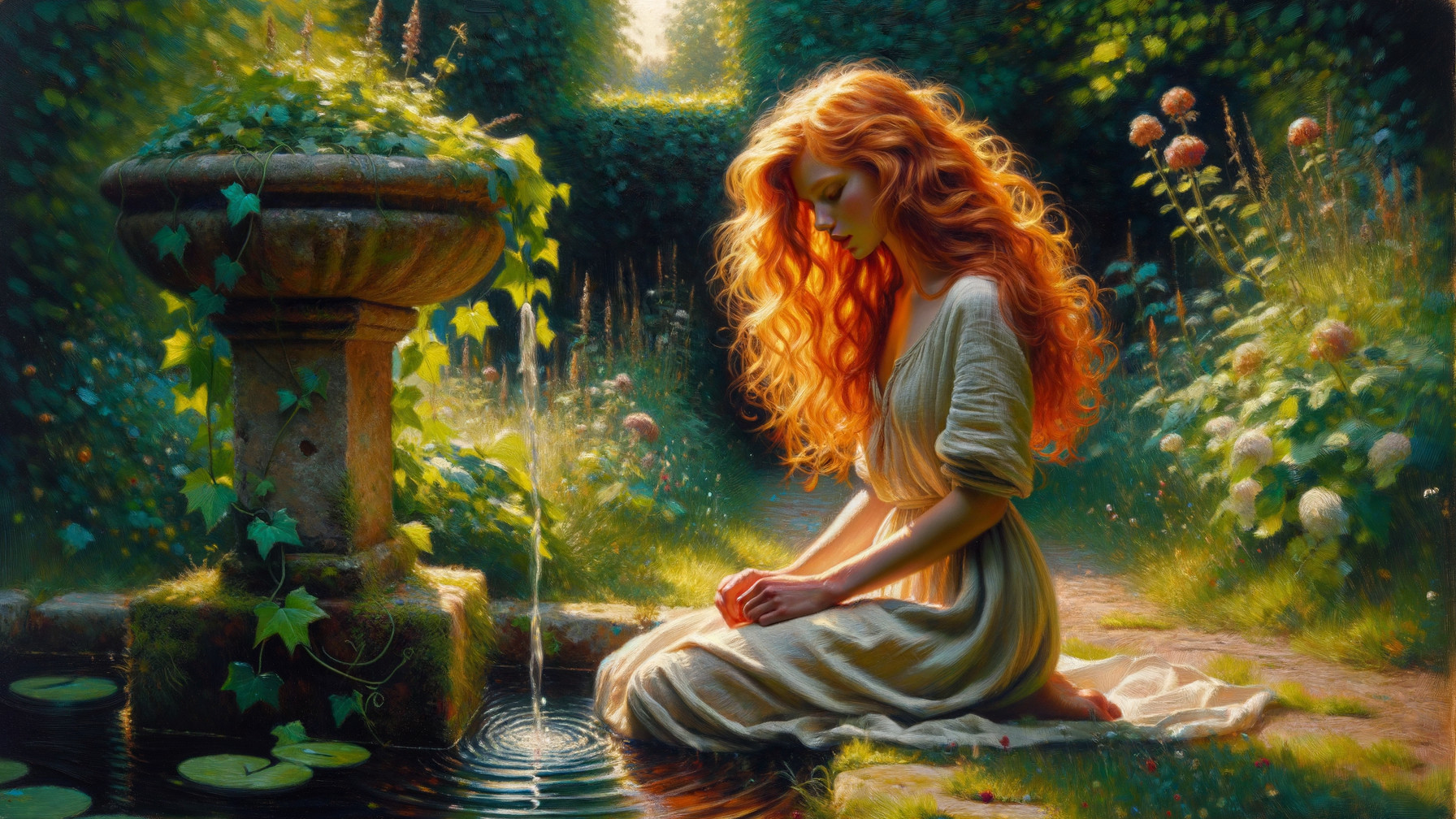 Young Woman by Fountain in Lush Garden Setting