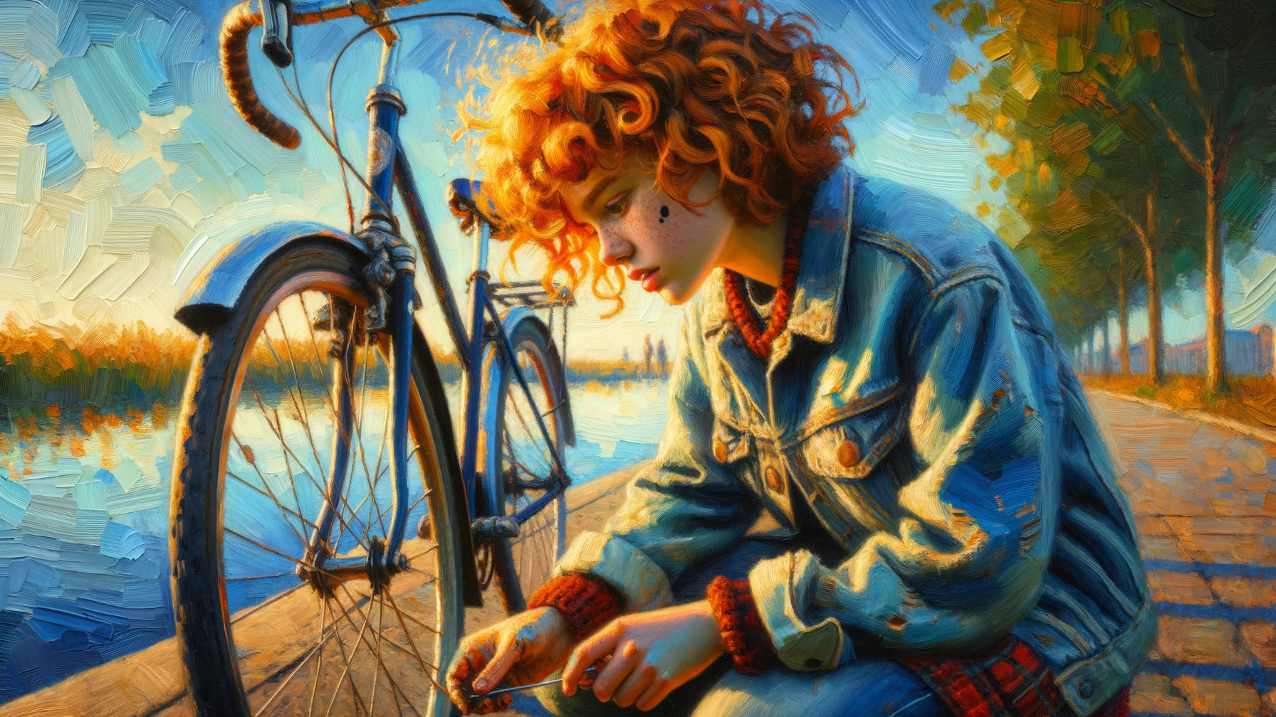 Young person inspecting flat tire by vintage bicycle