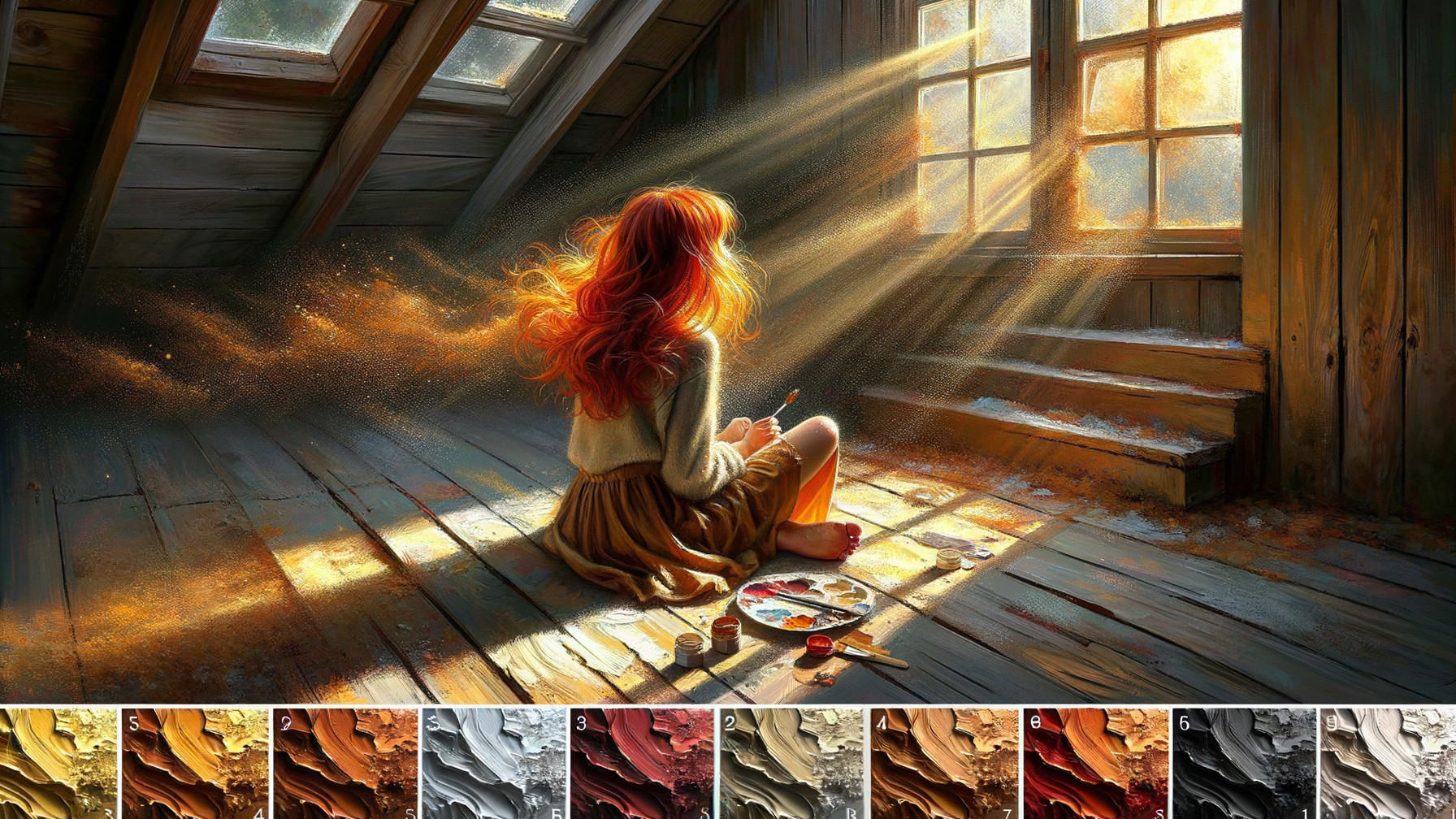 Young girl painting in a sunlit attic with colors