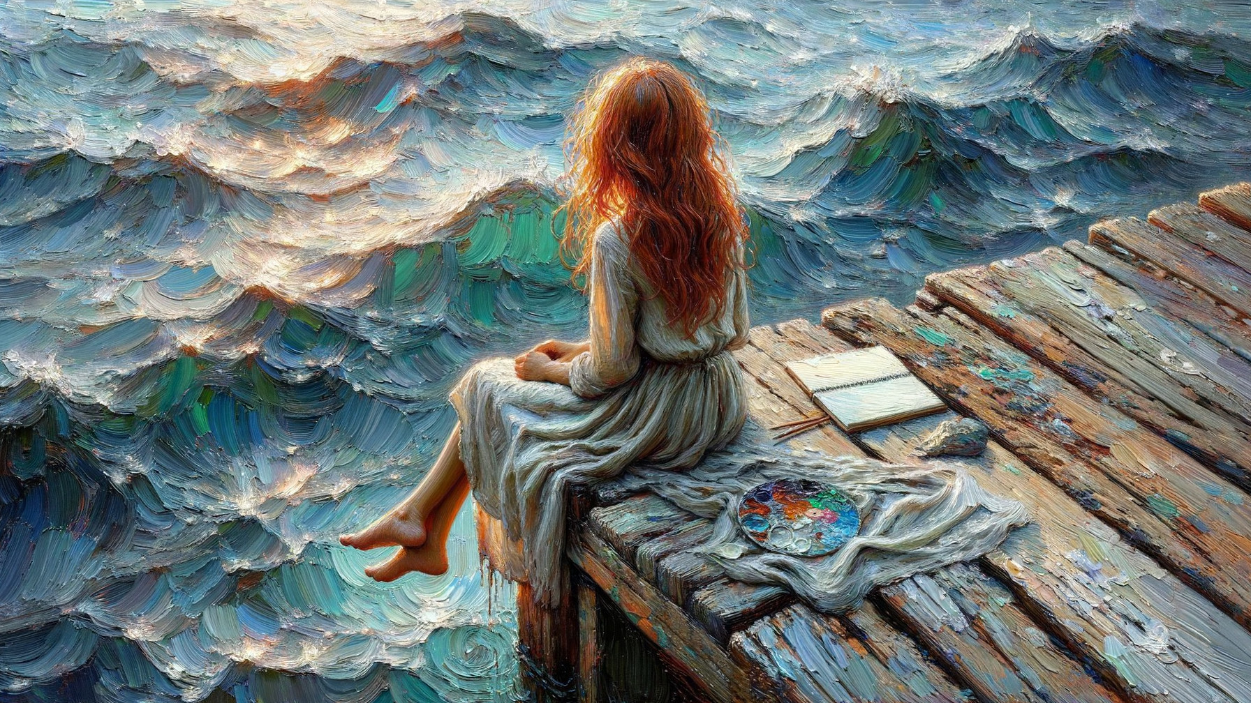 Young Woman on Dock with Book and Art Supplies