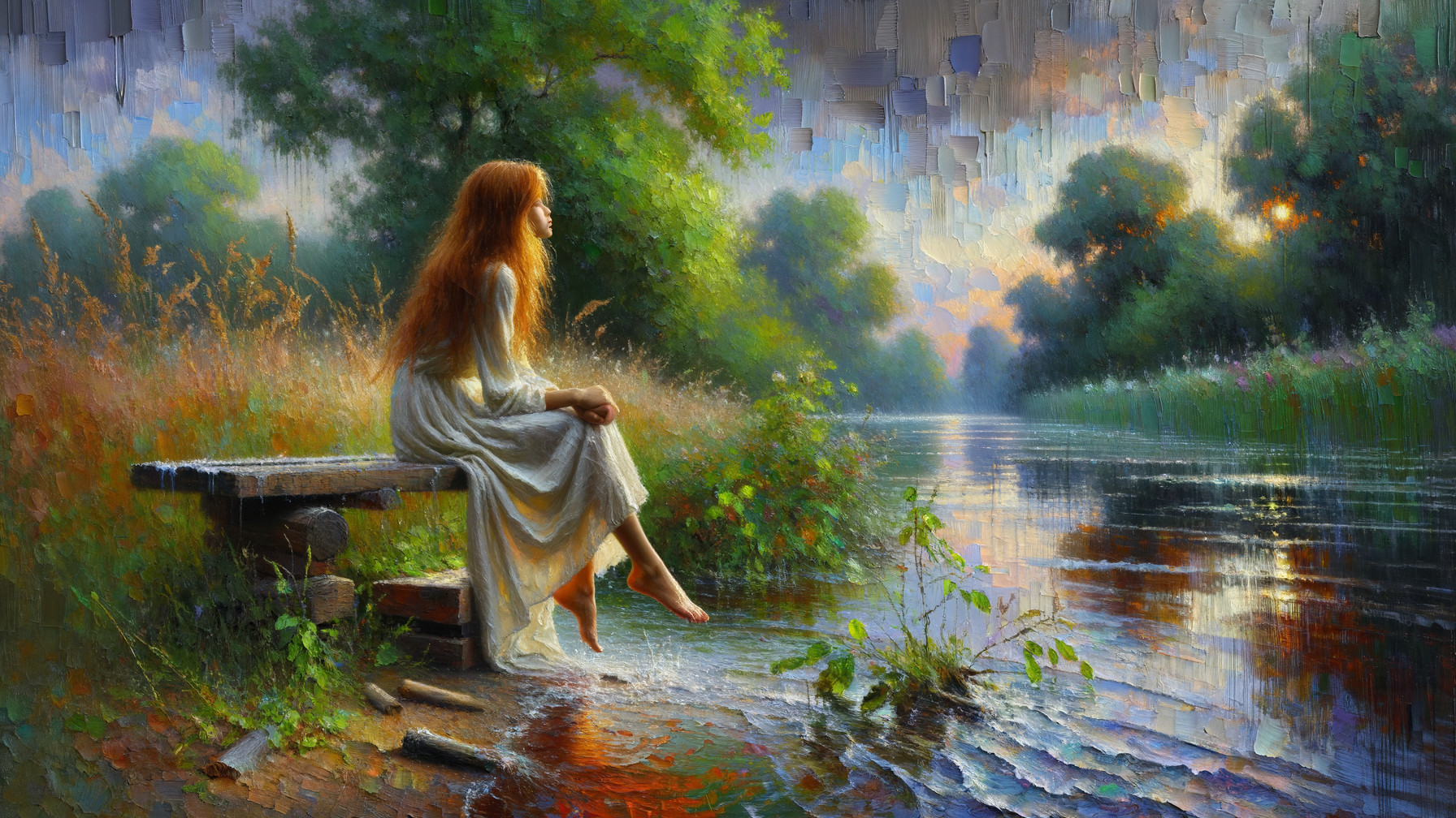 Tranquil River Scene with Young Woman at Dusk