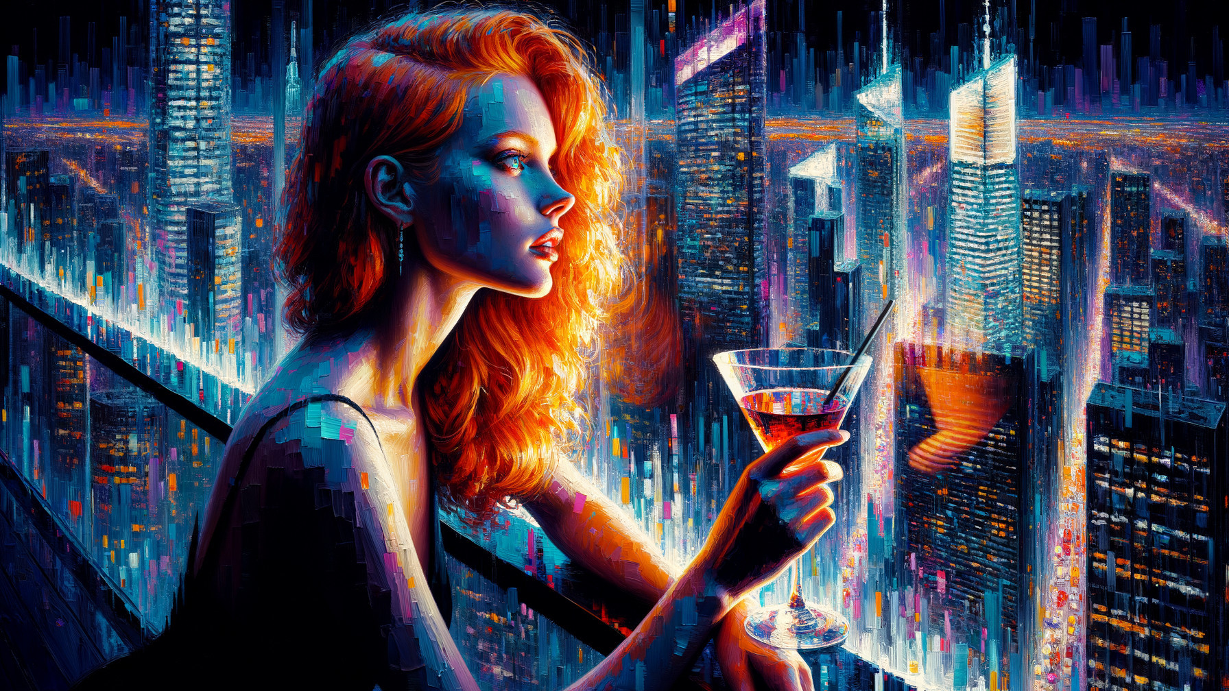 Woman with Red Hair Overlooking Vibrant Cityscape