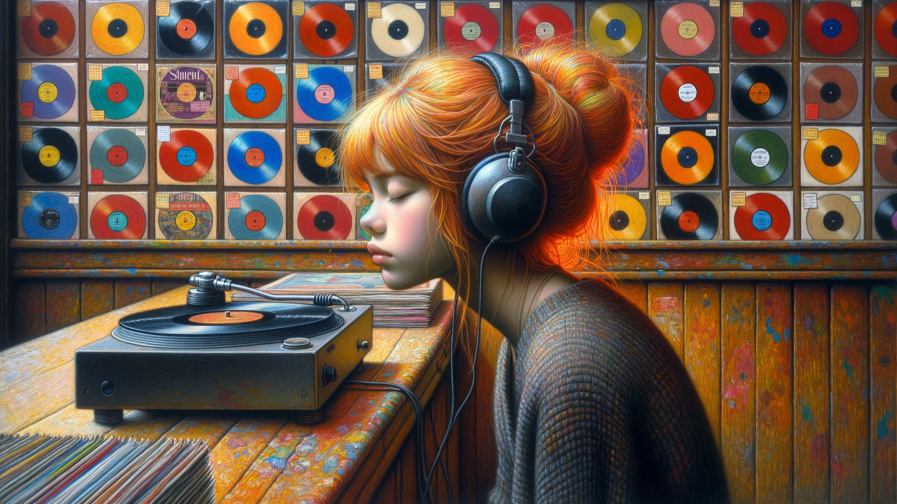 Young Woman with Orange Hair at Vintage Turntable