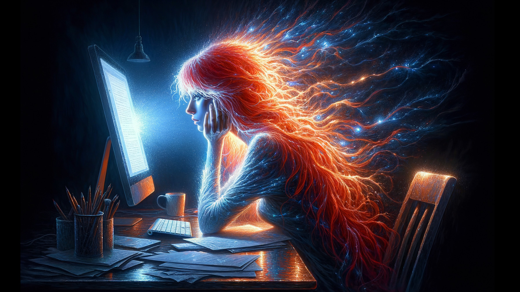 Digital art of a woman at a desk with glowing screen