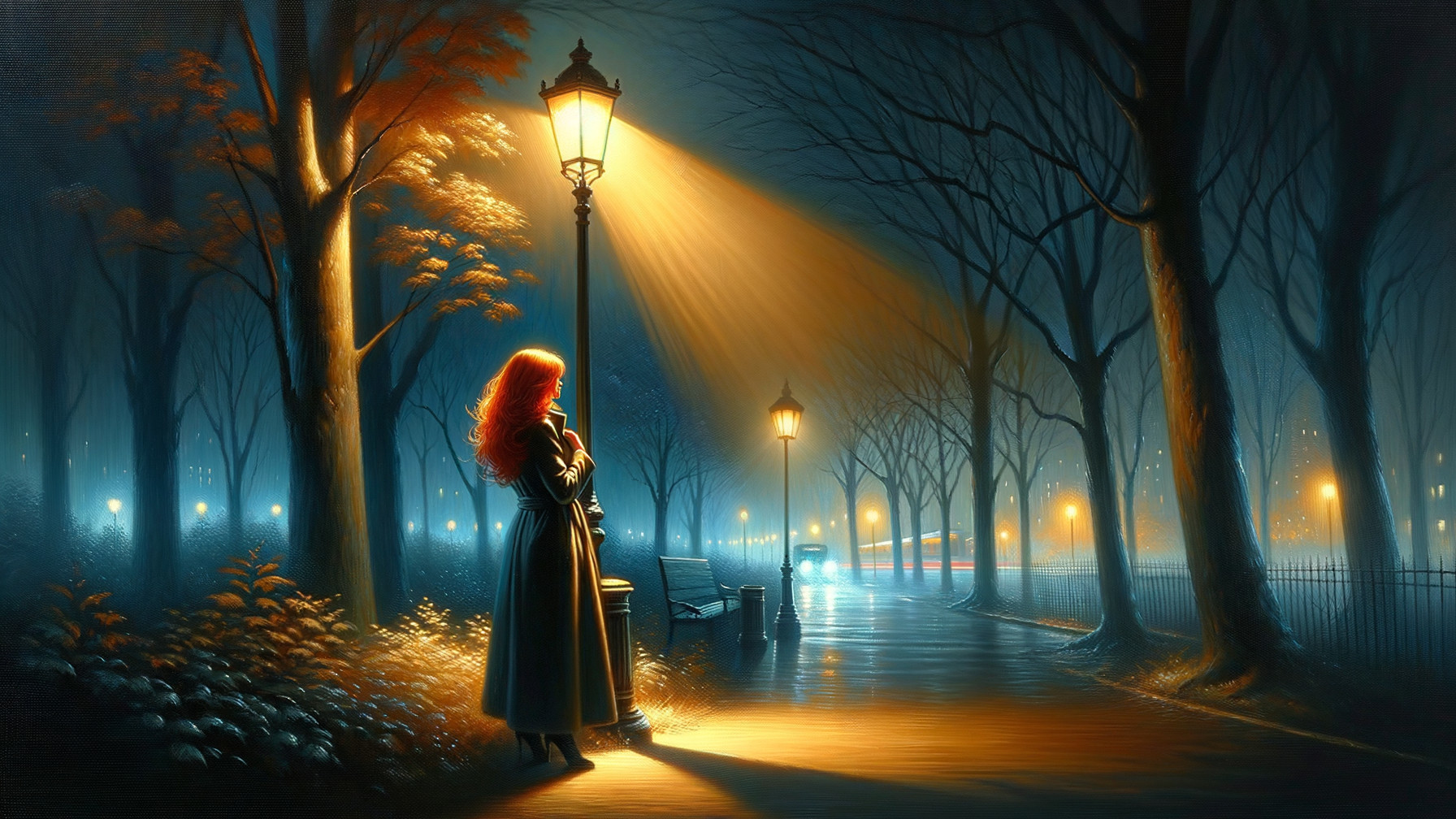 Solitary Figure Under Vintage Lamppost in Moonlit Park