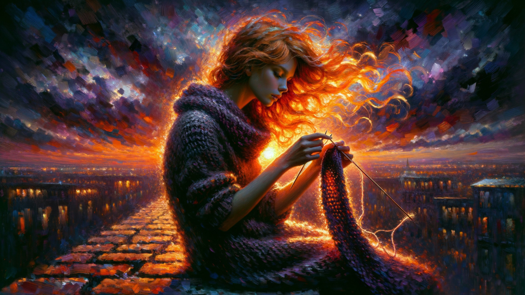 Woman Knitting on Cobblestone Path at Sunset