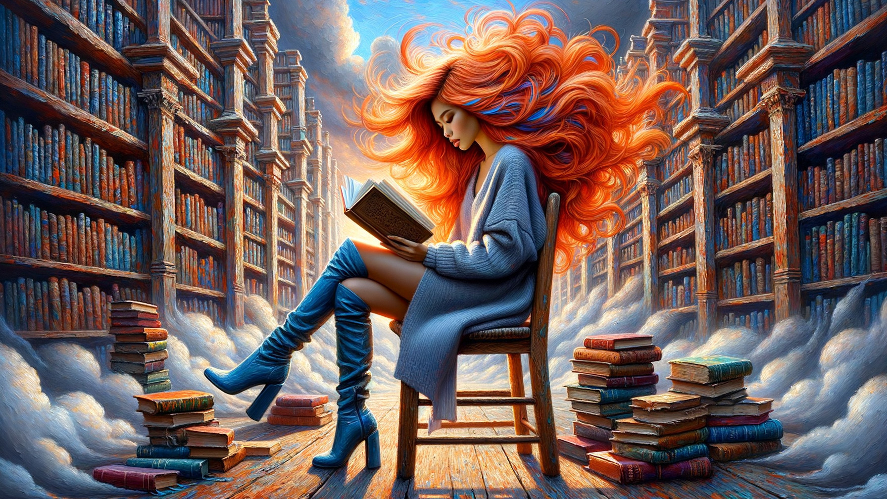 Young woman reading in a magical library setting