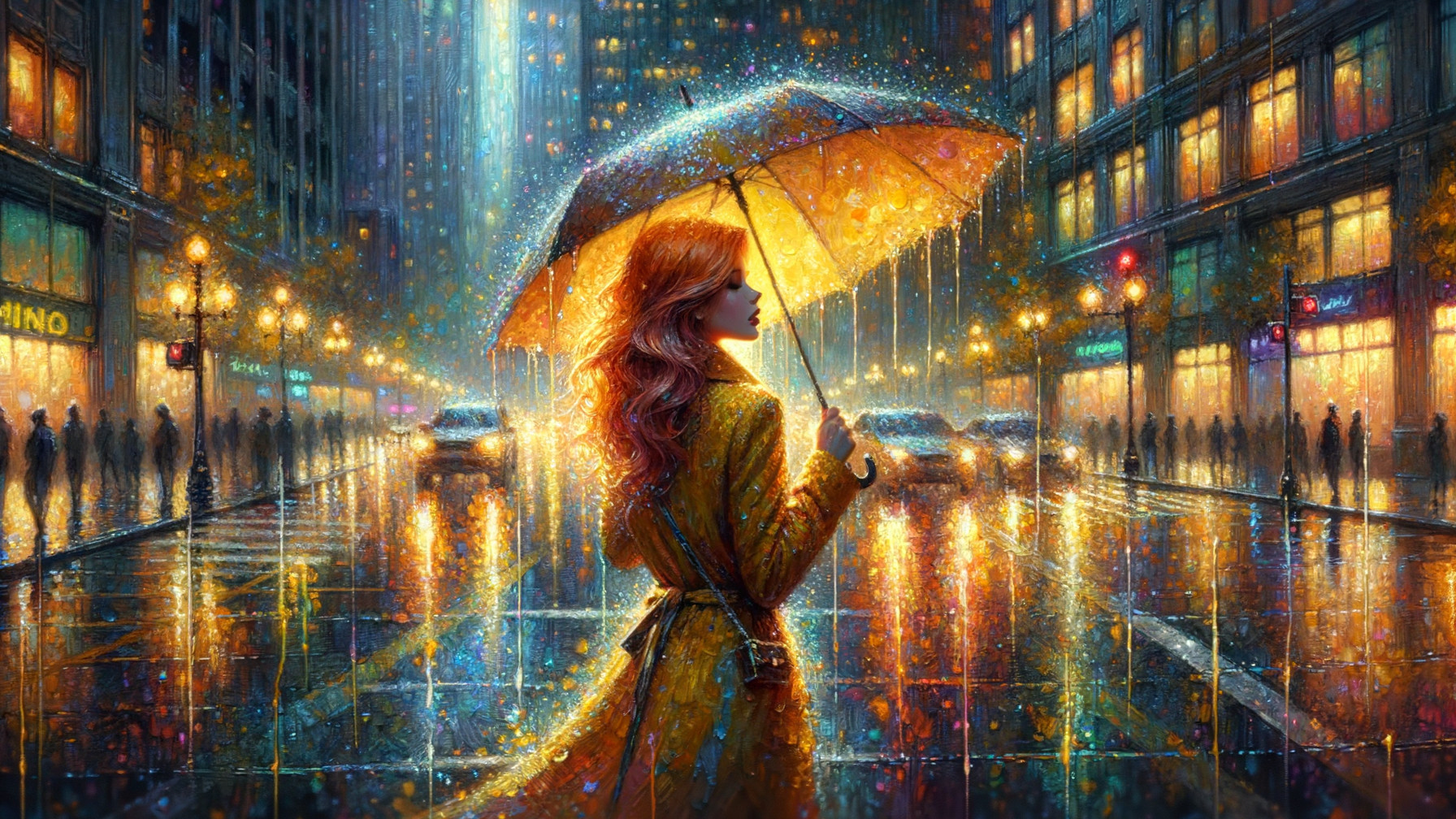 Woman with yellow umbrella in vibrant city rain