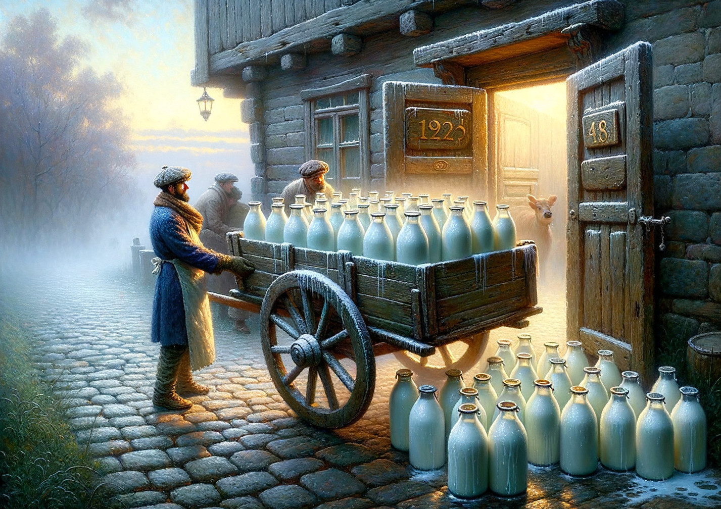 Nostalgic Morning Scene with Horse-Drawn Cart and Milk Bottles
