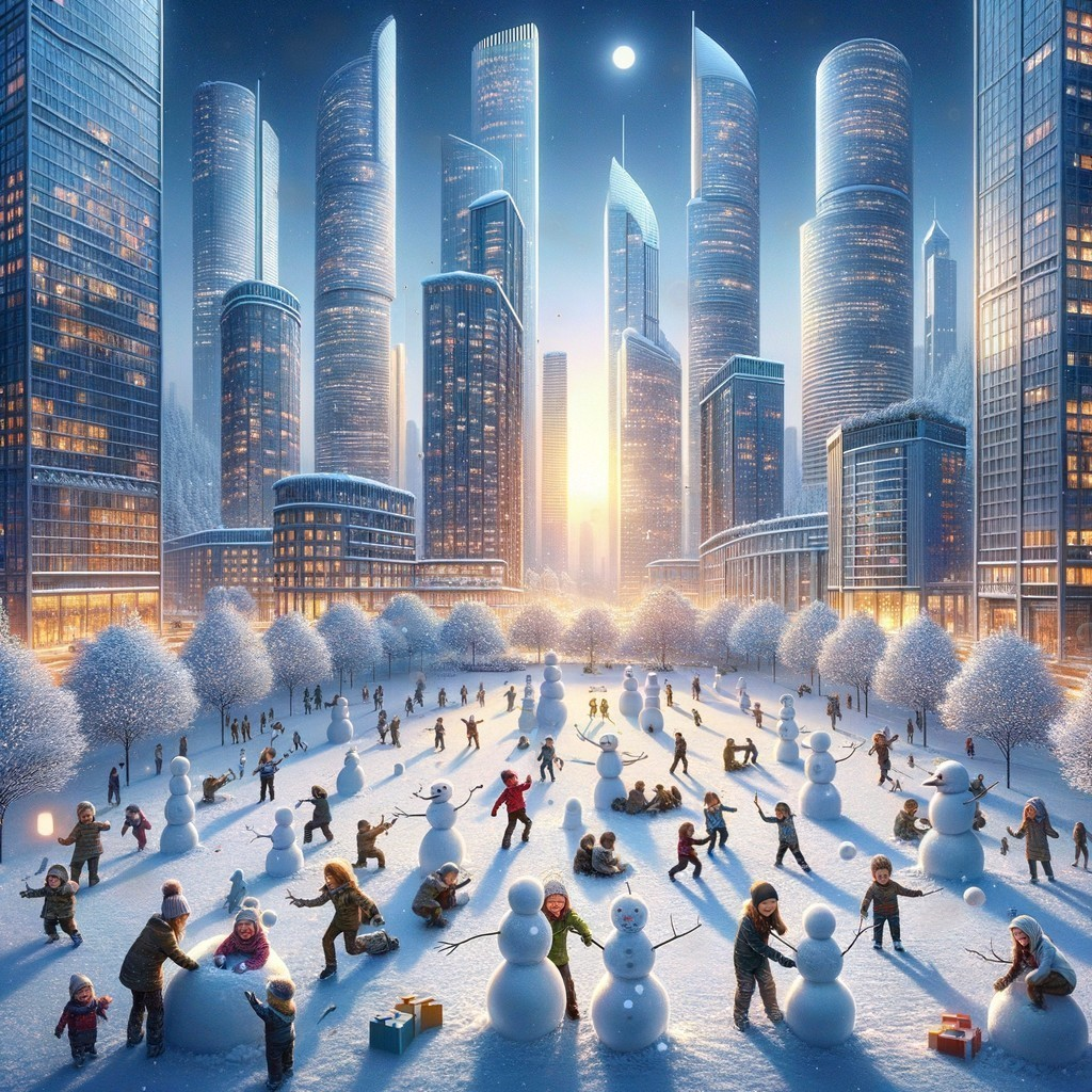 Futuristic City Winter Scene with Families Playing