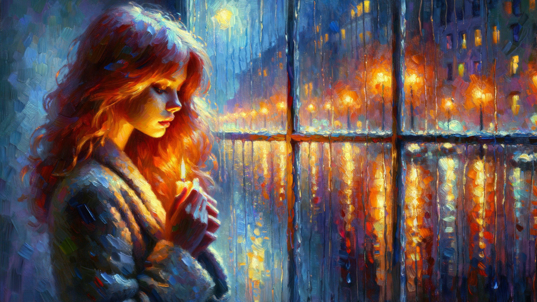 Contemplative Woman by Rain-Soaked Window at Night