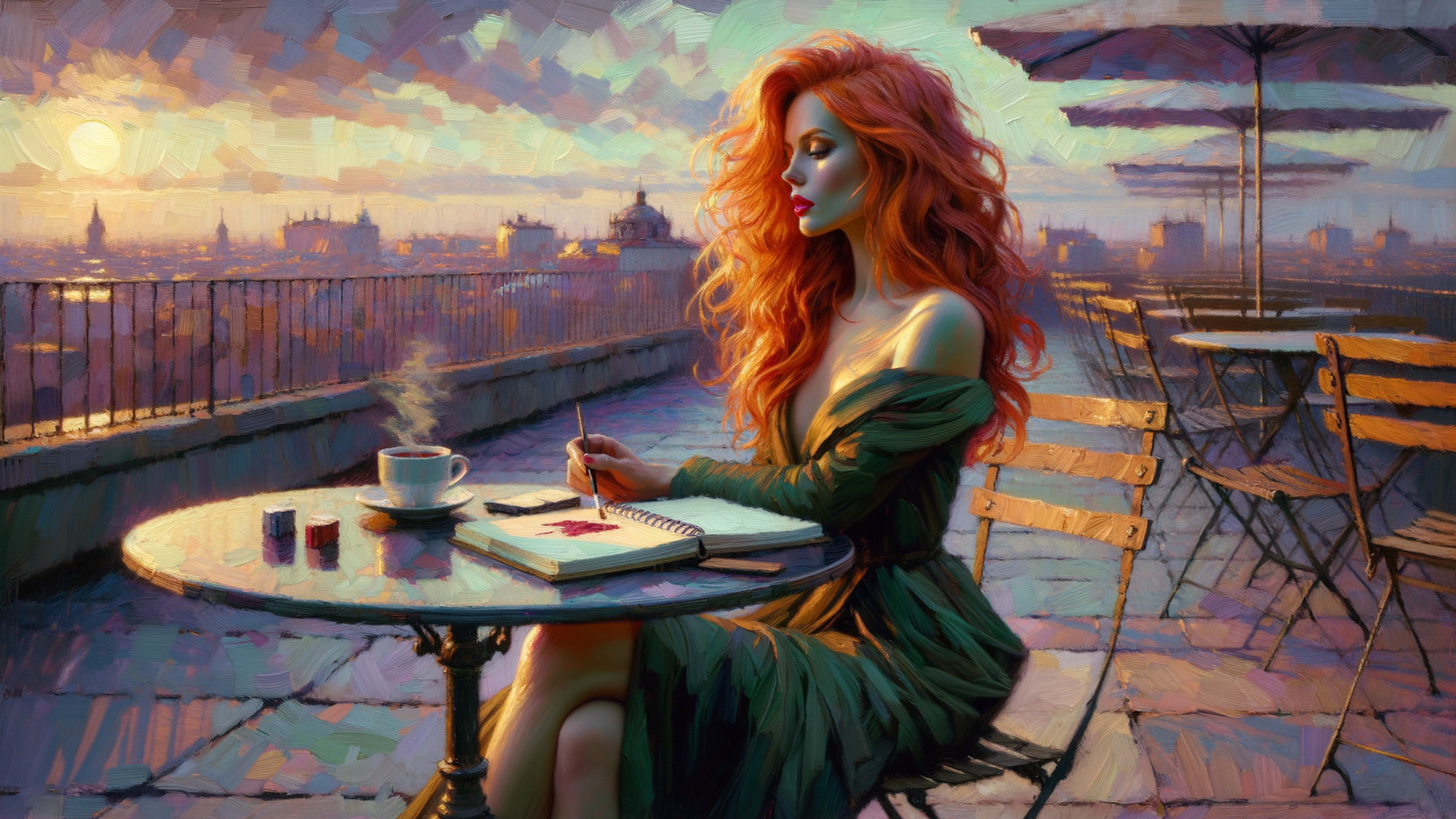 Woman with Red Hair at Rooftop Café at Sunset